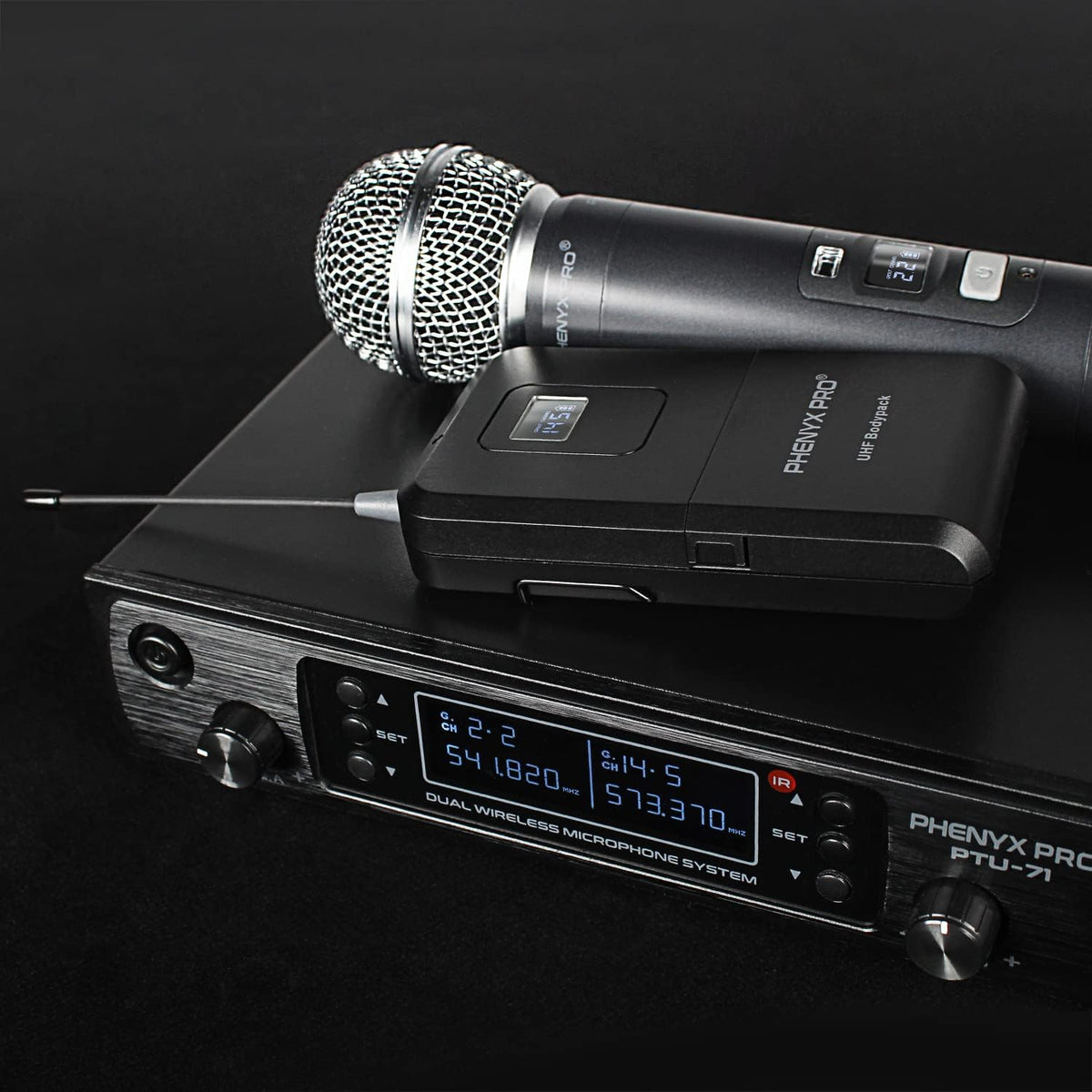 Dual Channel Wireless Microphone System with Handheld, Bodypack, Headset, Lapel M2905