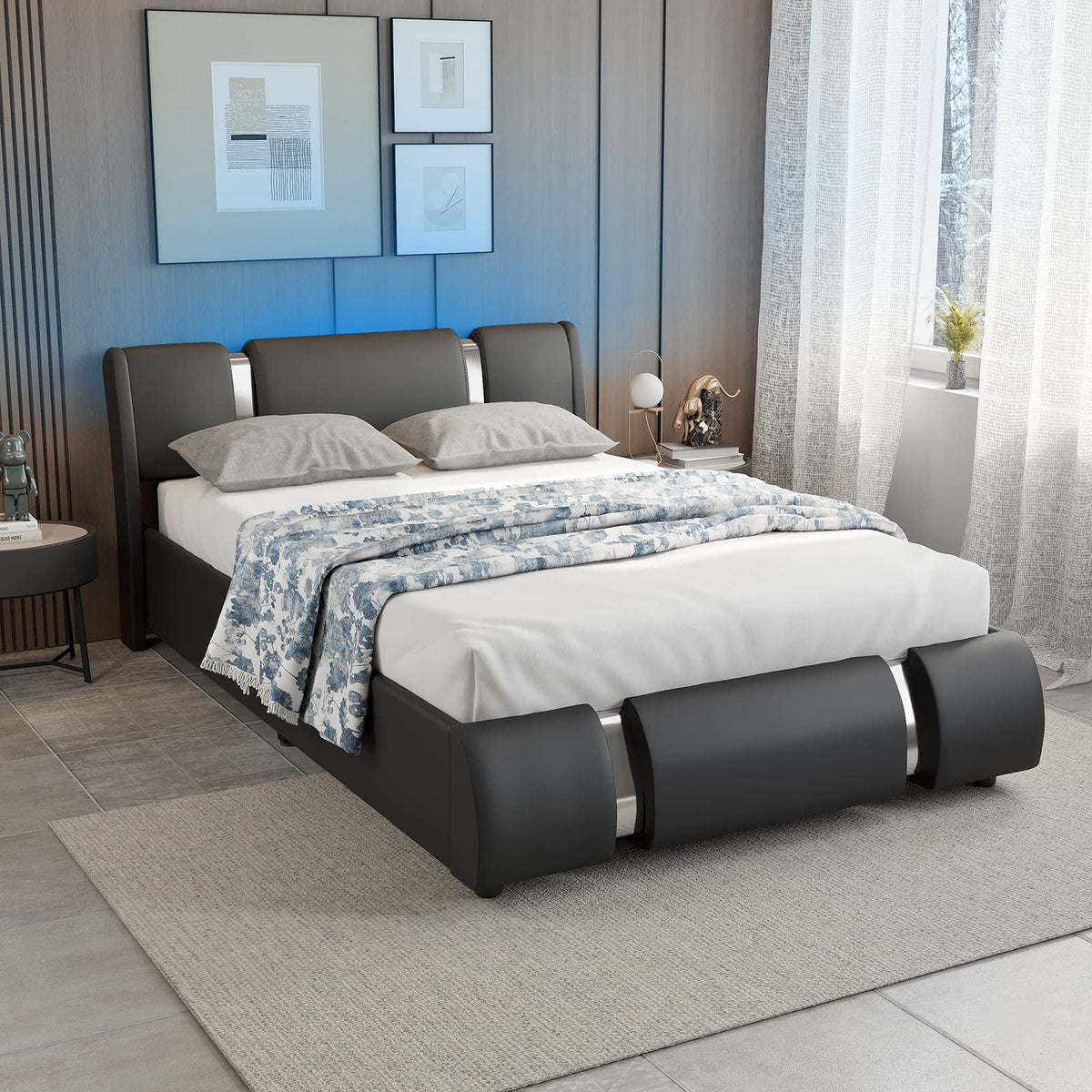 Faux Leather Full Size Platform Bed with LED Light and Adjustable Headboard C2865