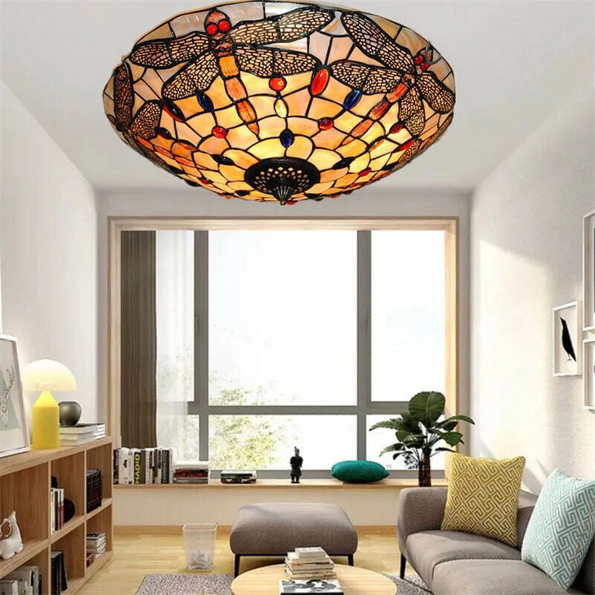 Stained Glass Dragonfly Flush Mount Ceiling Light Fixture U20958