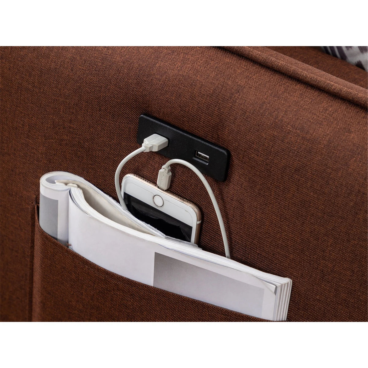 Brown Sectional Sofa Chaise with USB Charger & Pillows H9755