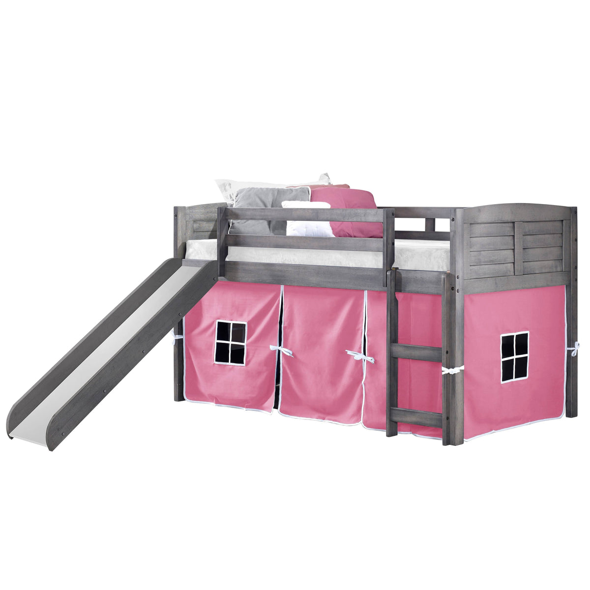 Twin Louver Low Loft with Slide and Zebra Tent Kit in Antique Grey Finish S294186