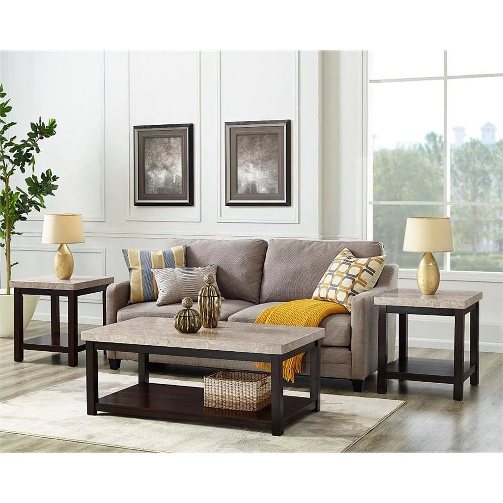 Square Wood End Table with Marble Top and Bottom Shelf in Espresso G4040