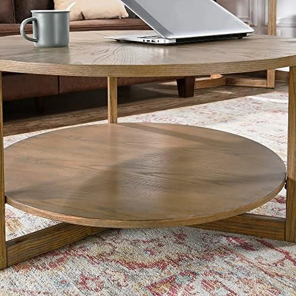 Round Solid Wood Coffee Table Yellowish Brown Q915783