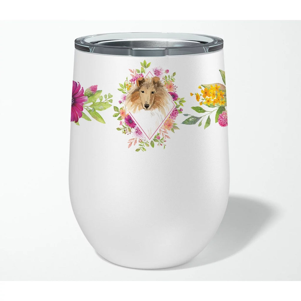 Collie Pink Flowers Stainless Steel 12 oz Stemless Wine Glass B2194