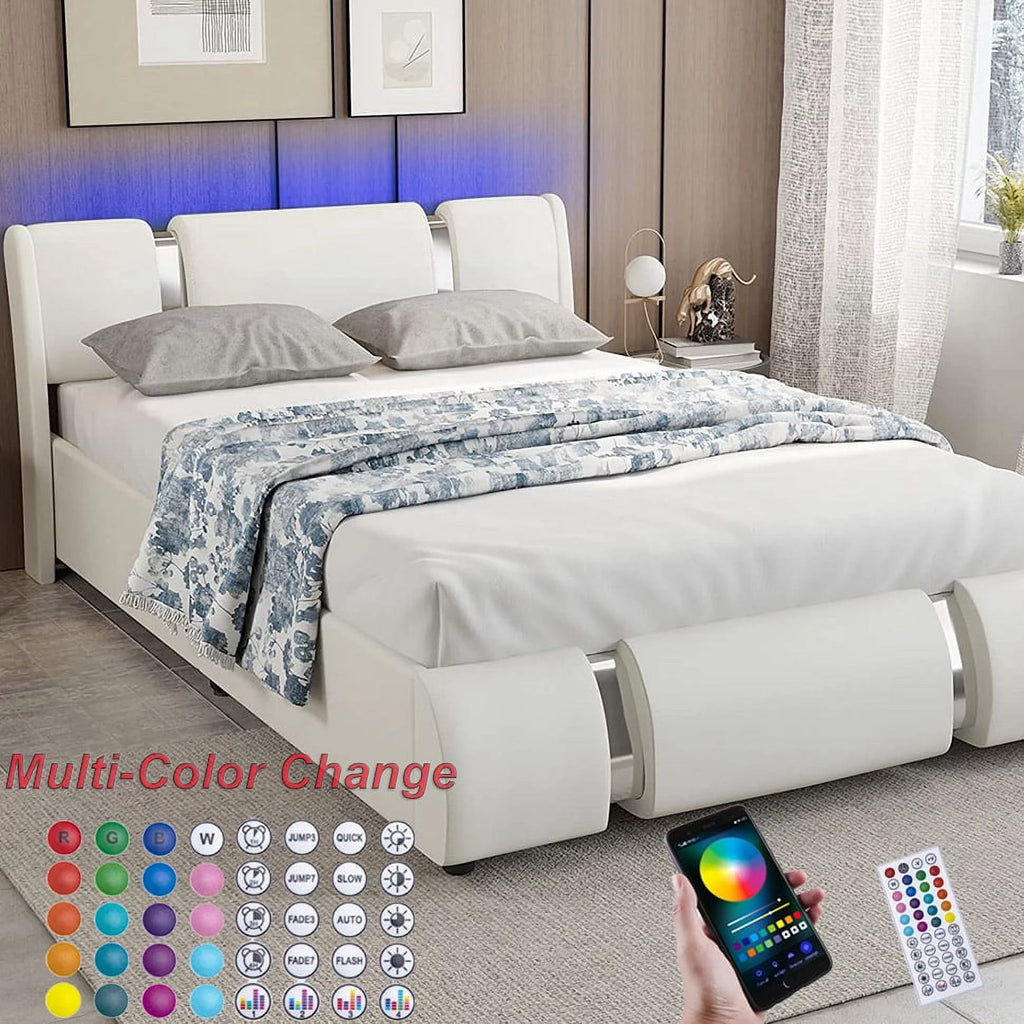 Faux Leather Full Size Platform Bed with LED Light and Adjustable Headboard C2865