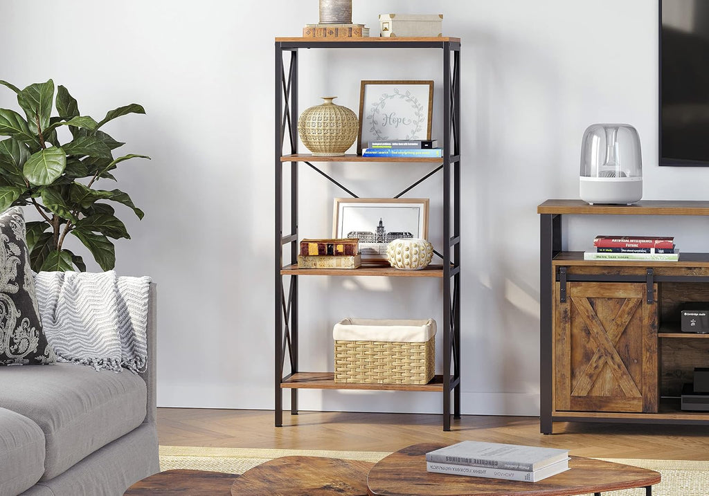 4 Tier Open Shelf Bookshelf with Steel Frame Rustic Brown and Black D946768
