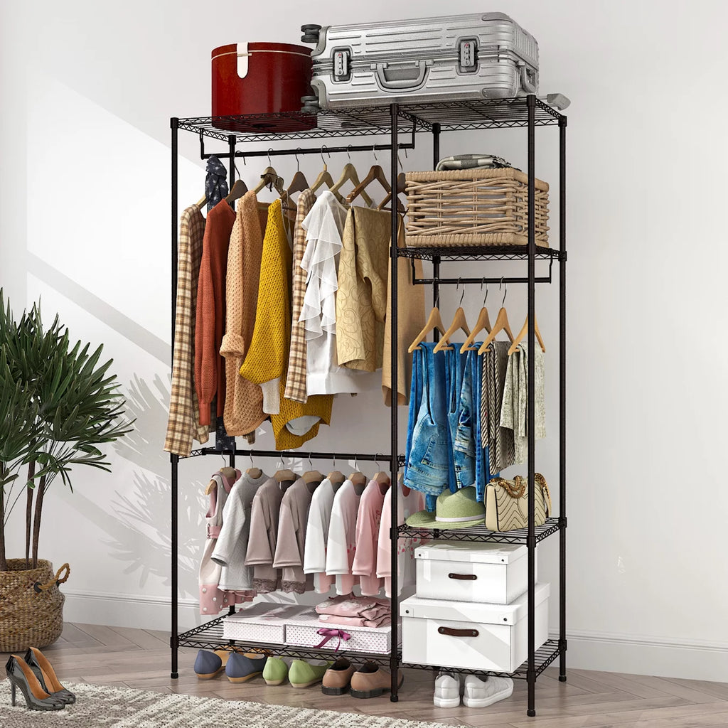 Portable Heavy Duty Clothing Storage Rack with 4 Shelves & 3 Hanging Rails Black V422346