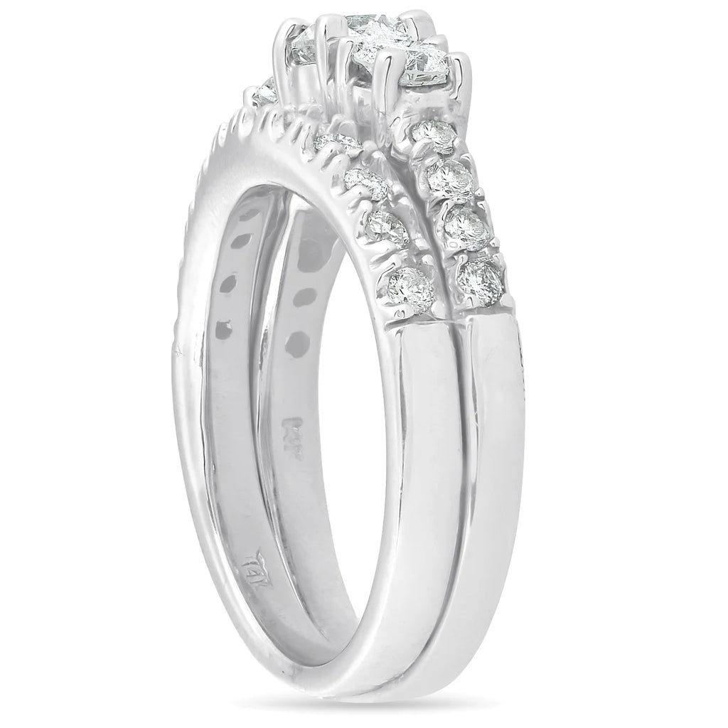 1 1/2 ct 3-Stone Diamond Engagement Ring Matching Wedding Band Set White Gold X2500
