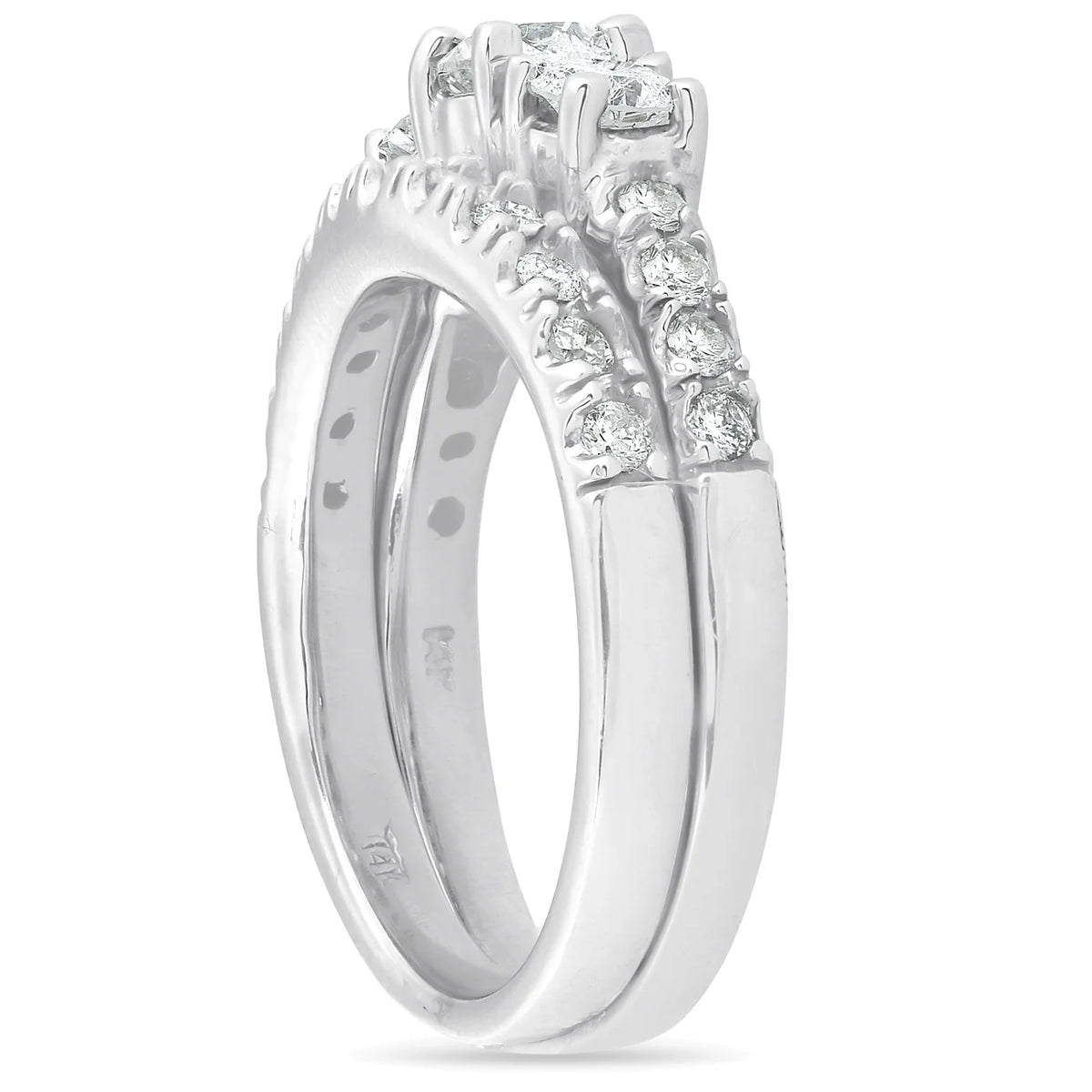 1 1/2 ct 3-Stone Diamond Engagement Ring Matching Wedding Band Set White Gold X2500