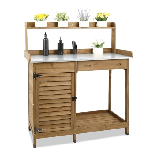 Wooden Potting Bench with Metal Table Top, Drawer and Shelf C412