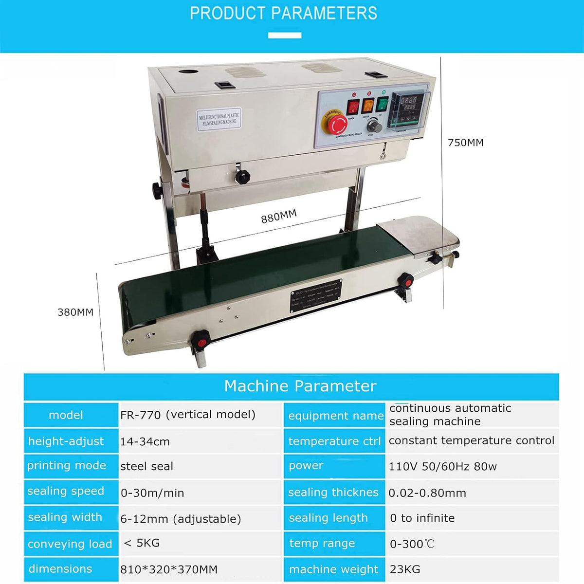 Continuous Sealing Machine Automatic Band Sealer with Digital Thermostat for Plastic Poly Bag Film 110V M720