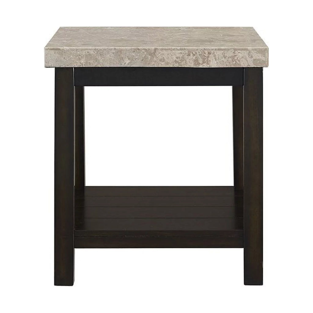 Square Wood End Table with Marble Top and Bottom Shelf in Espresso G4040