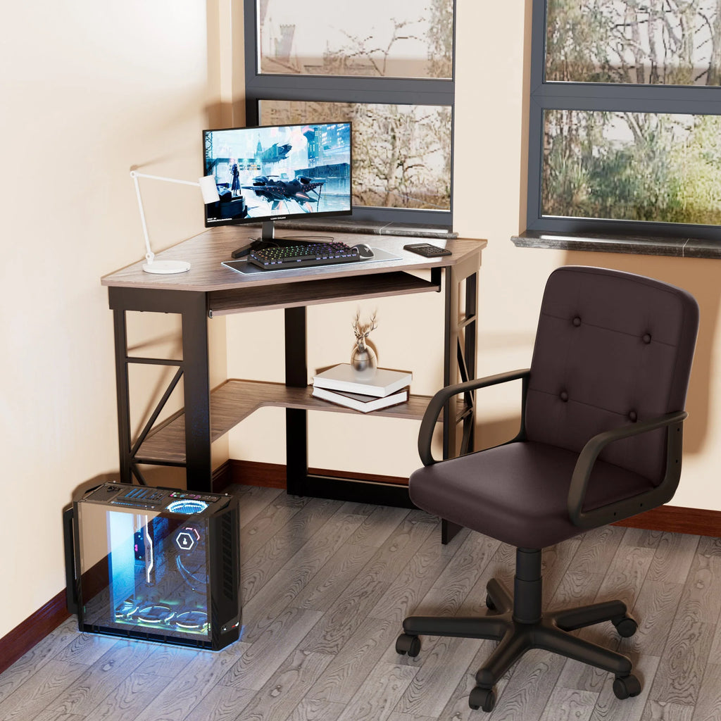 Corner Computer Desk & Chair Set, Adjustable Height Ergonomic Office Chair with Keyboard Tray and Storage Shelf C9057