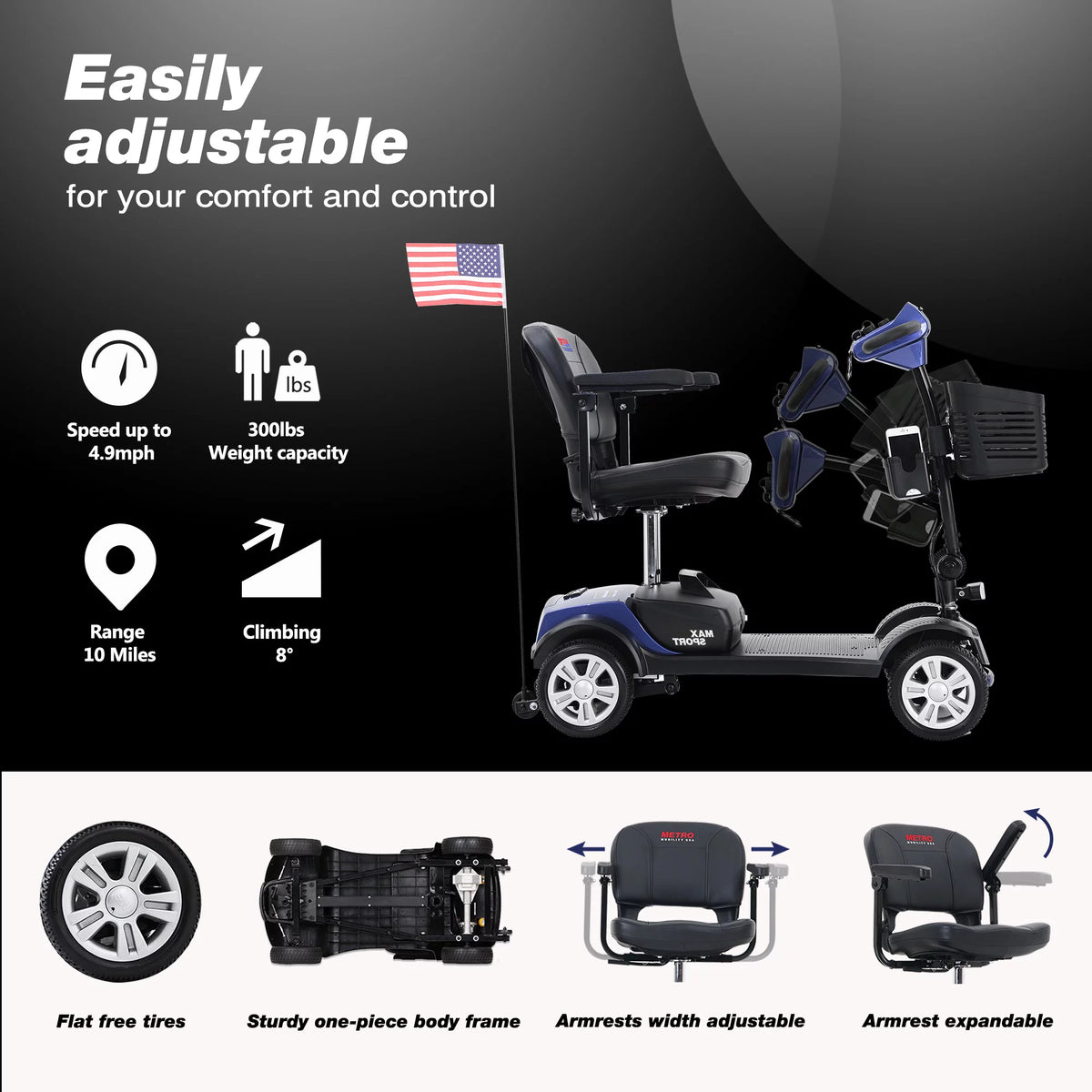 Blue 4 Wheel Mobility Scooter with Phone Holder and Cup Holder E255627