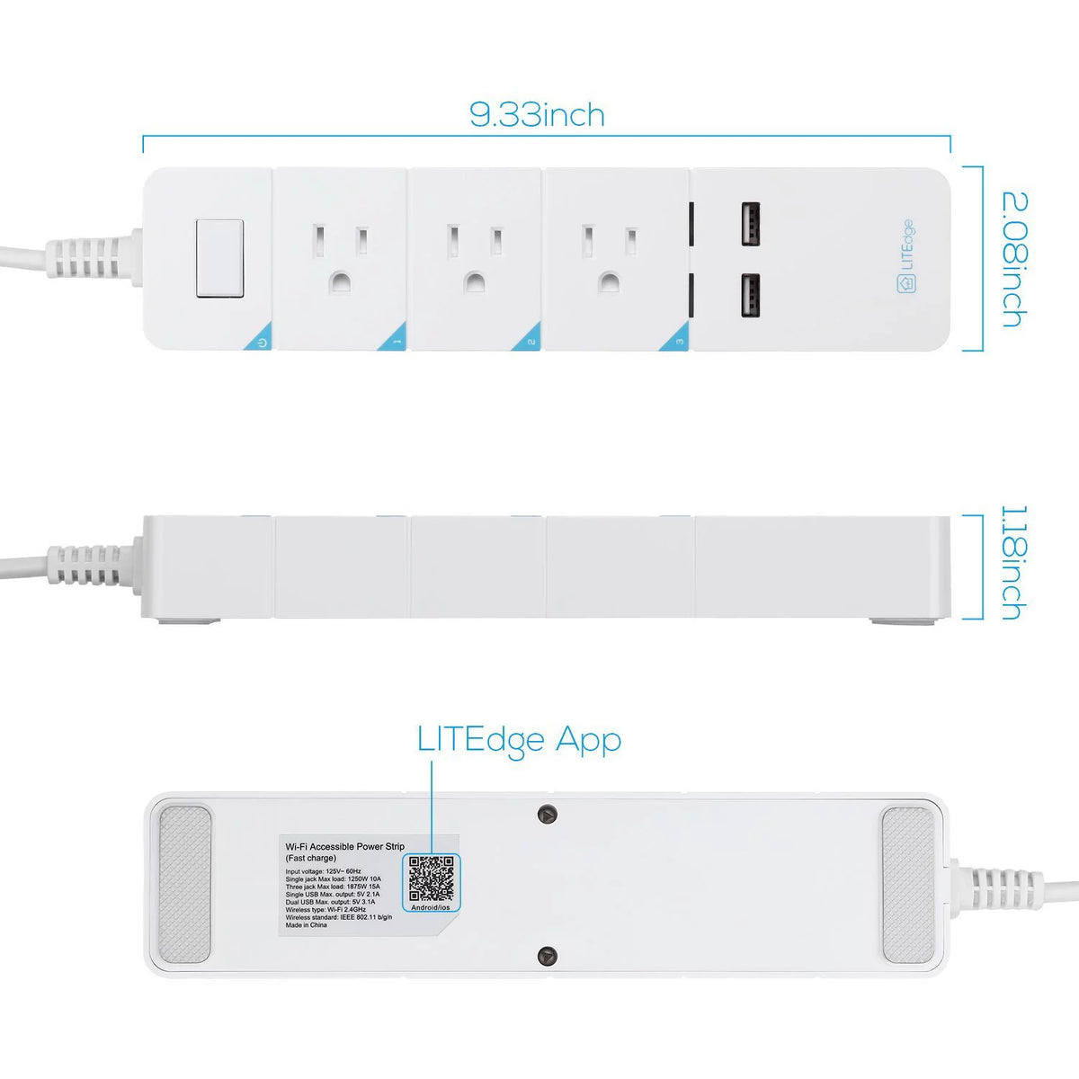 Smart Power Strip with 3 AC Outlets 2 USB Ports C92431