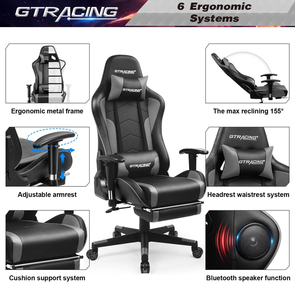 Gray Gaming Chair with Speakers and Footrest C5532