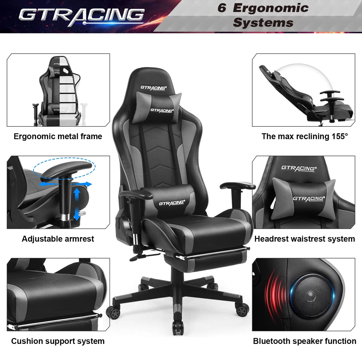 Gray Gaming Chair with Speakers and Footrest C5532