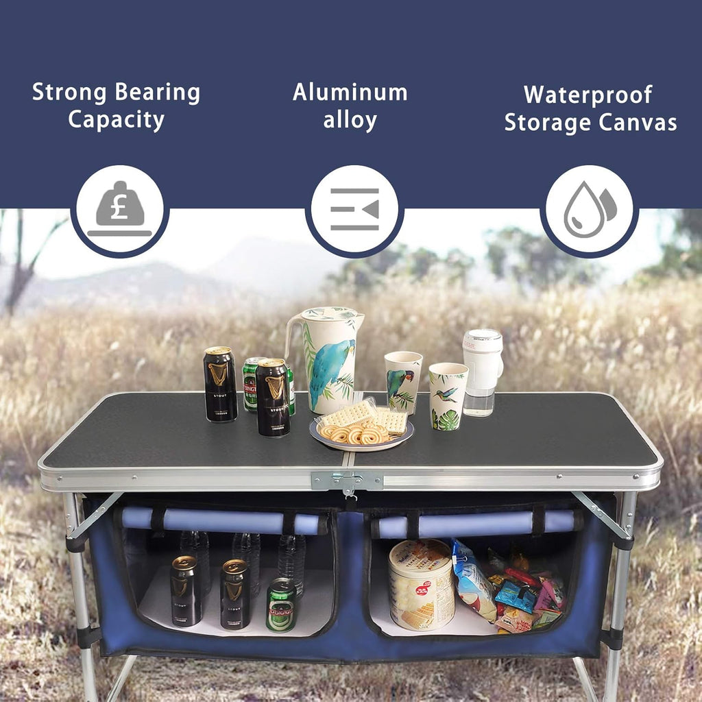 Folding Camp Table with Storage Organizer, Aluminum Adjustable (Black) T6379
