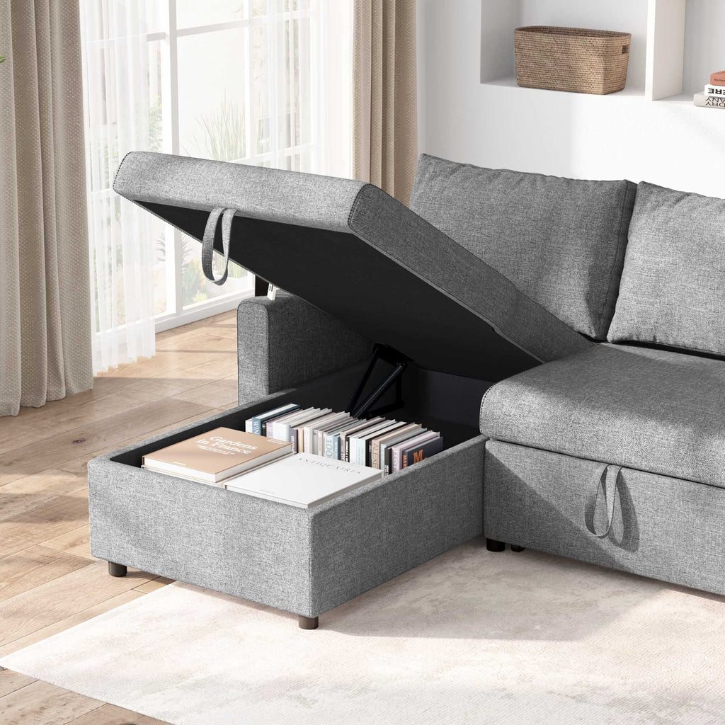 Dark Gray Linen Fabric L Shape Sofa Bed with Storage Chaise H3802