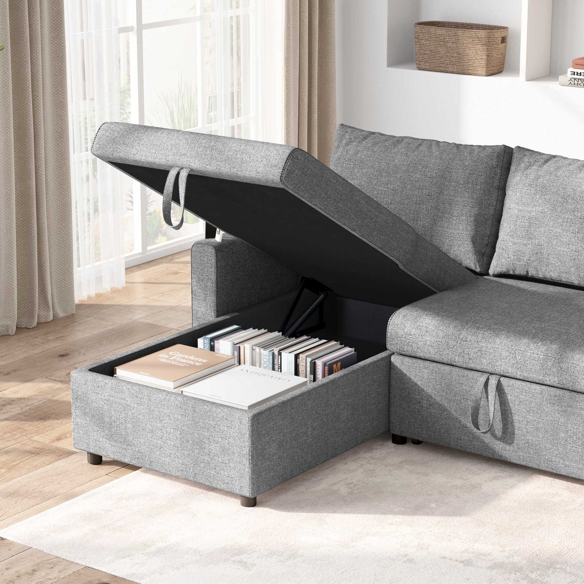 Dark Gray Linen Fabric L Shape Sofa Bed with Storage Chaise H3802