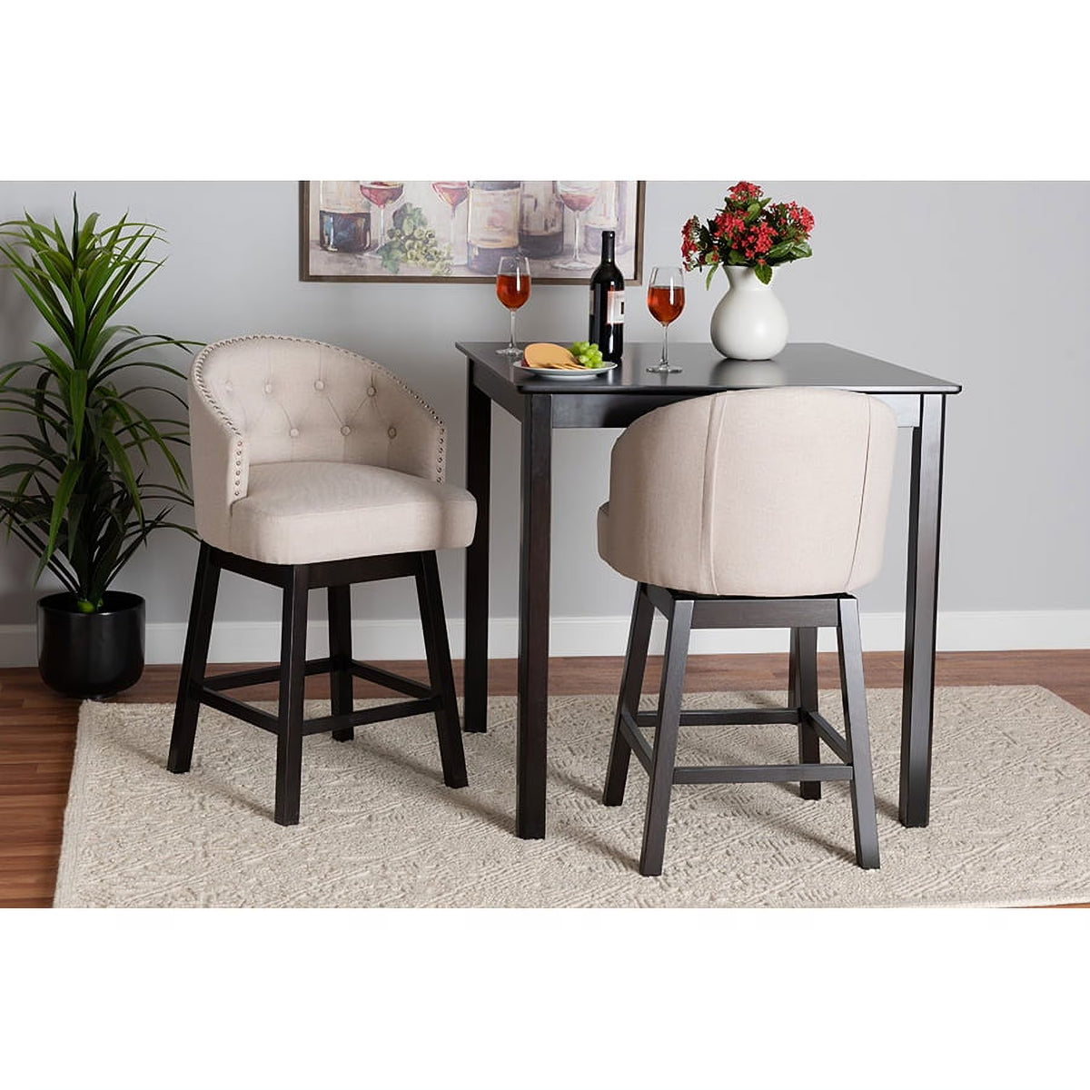 Light Beige Fabric and Espresso Brown Finished Wood 2-Piece Swivel Counter Chair V693961