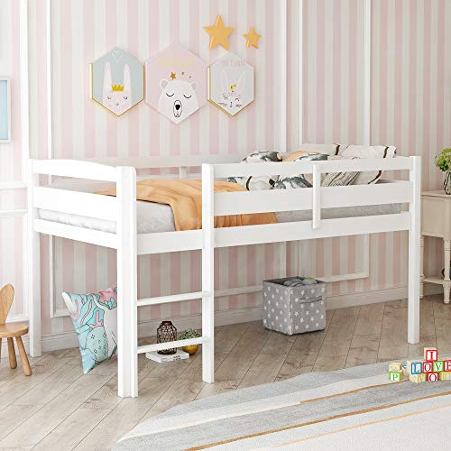 Twin Size Wood Loft Bed with Slide and Storage Shelves J4015