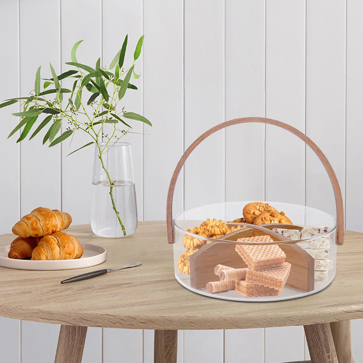 Clear Glass Fruit Serving Bowl with Wood Divider V56374