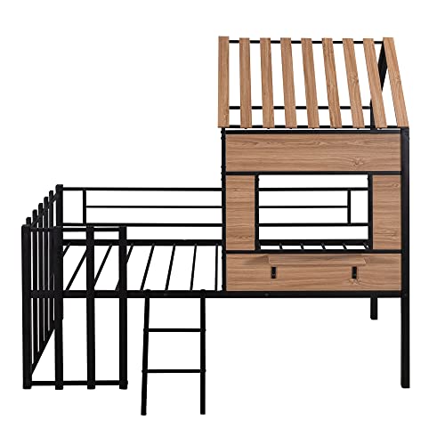 White Twin Size Metal Low Loft Bed Frame with Roof, Window, Guardrail and Ladder O61806