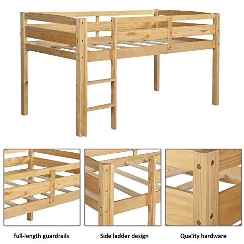 Twin Size Wood Loft Bed with Slide and Storage Shelves J4015
