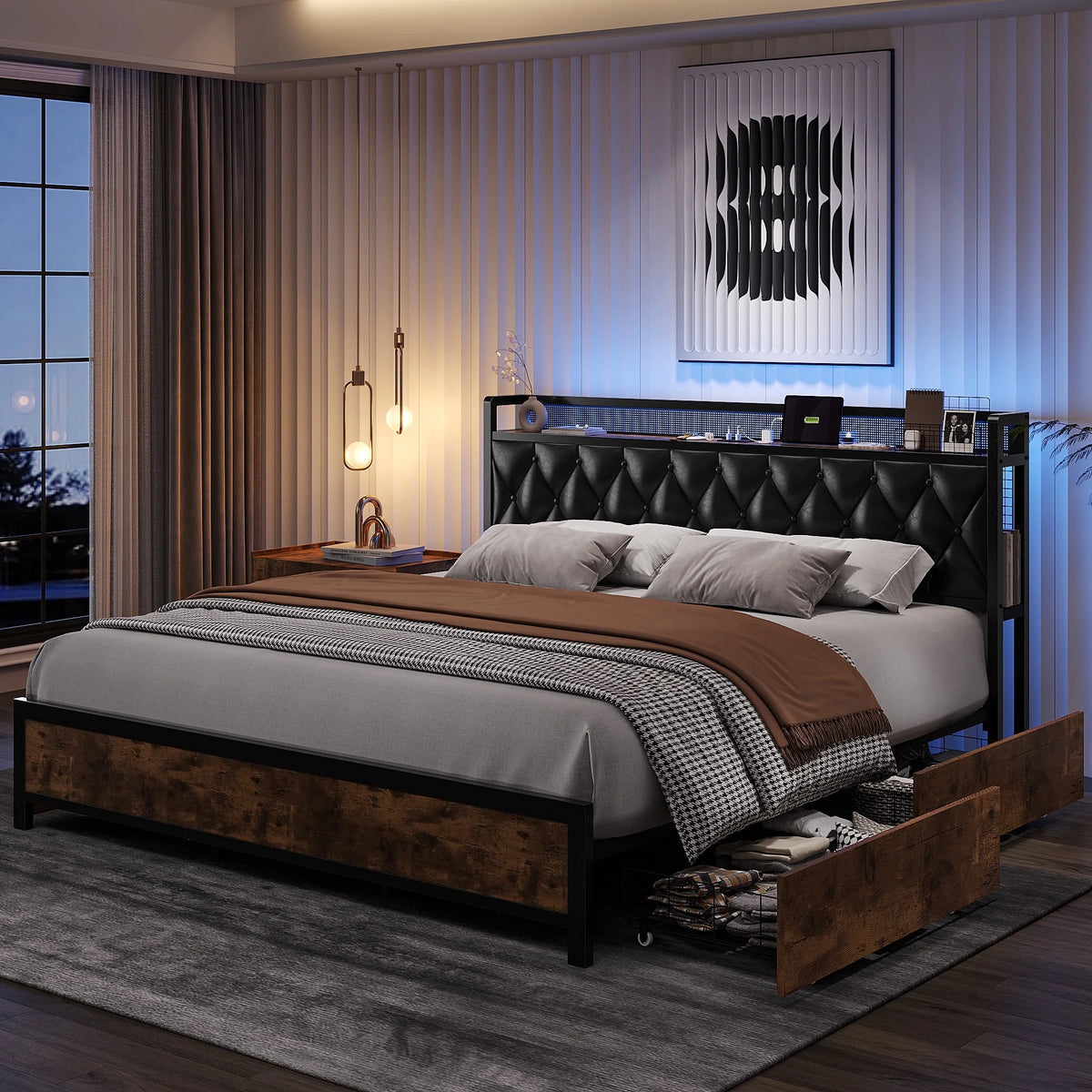 King Size White Leather Upholstered Platform Bed Frame with 4 Storage Drawers N6909