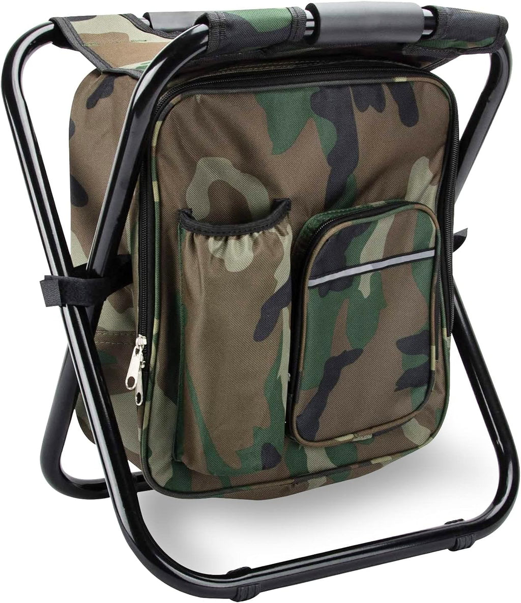 Folding Stool Backpack Insulated Cooler Bag with Front Pocket and Bottle Pocket H105912