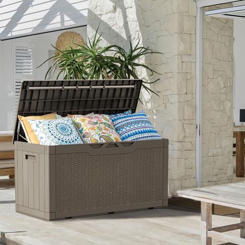 100 Gallon Resin Outdoor Storage Bench with Cushions G5012