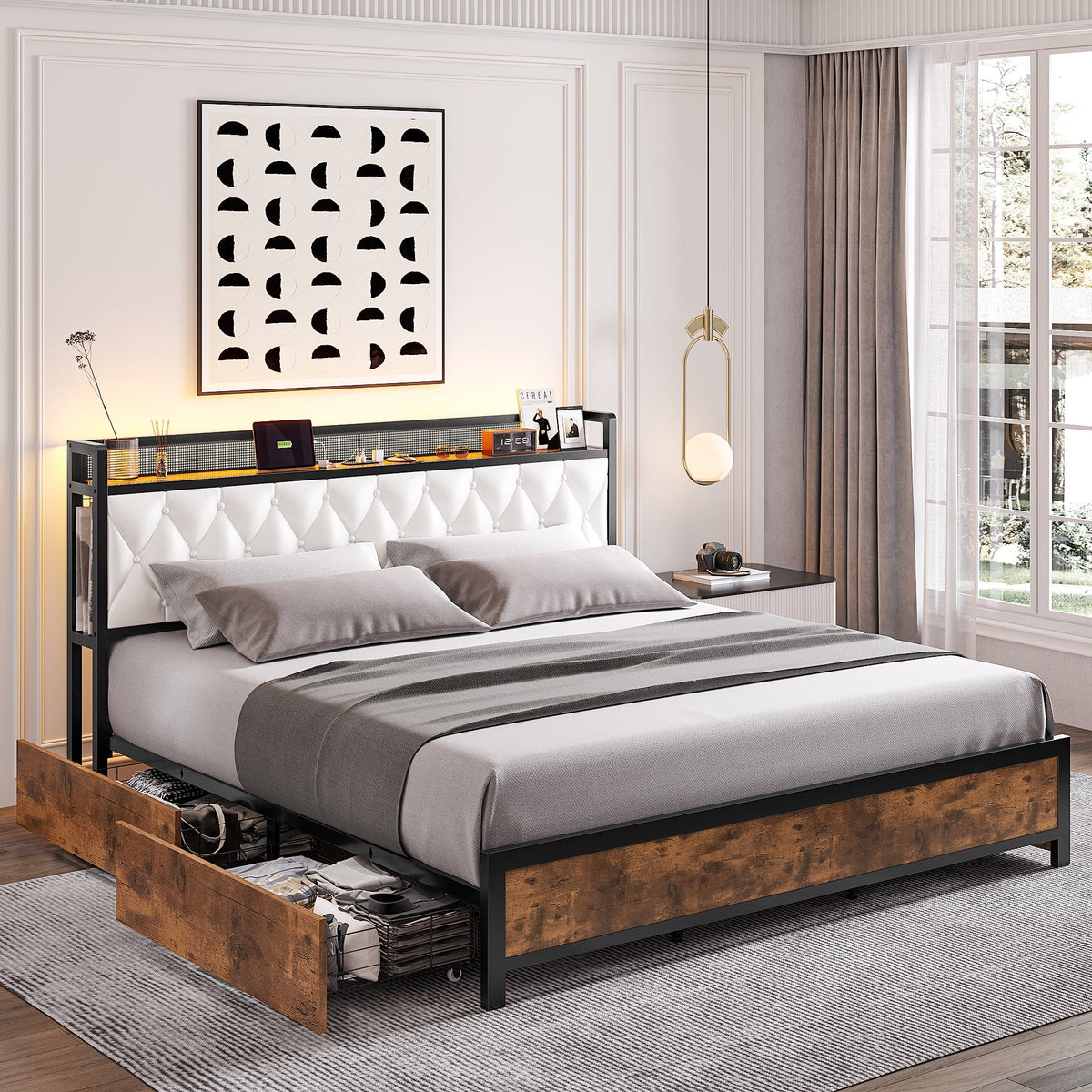King Size White Leather Upholstered Platform Bed Frame with 4 Storage Drawers N6909