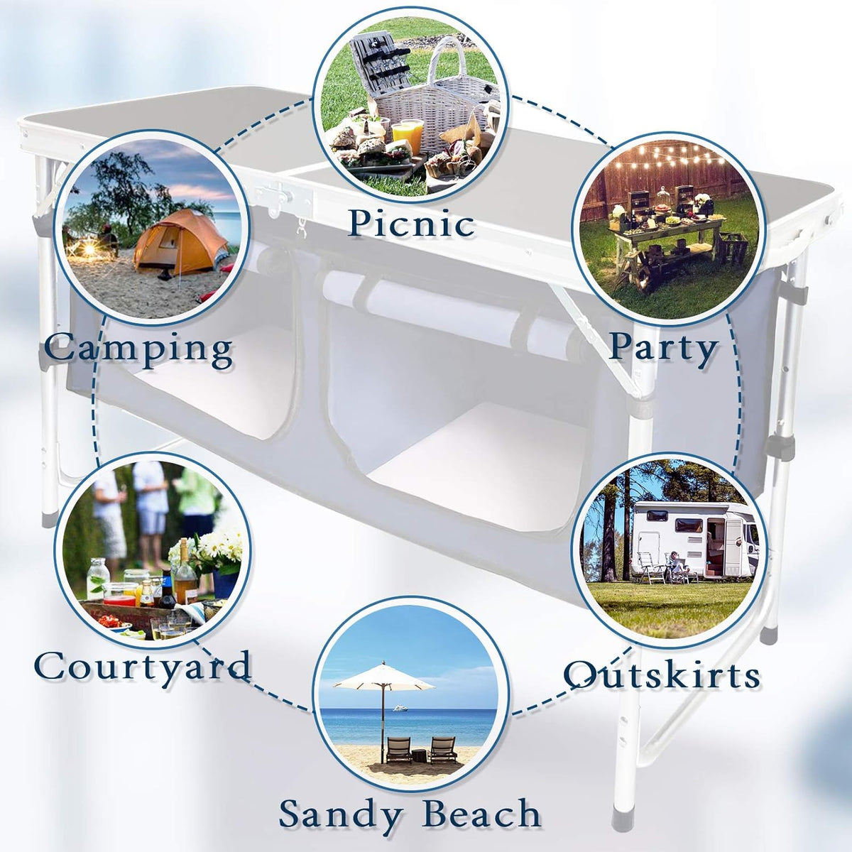 Folding Camp Table with Storage Organizer, Aluminum Adjustable (Black) T6379