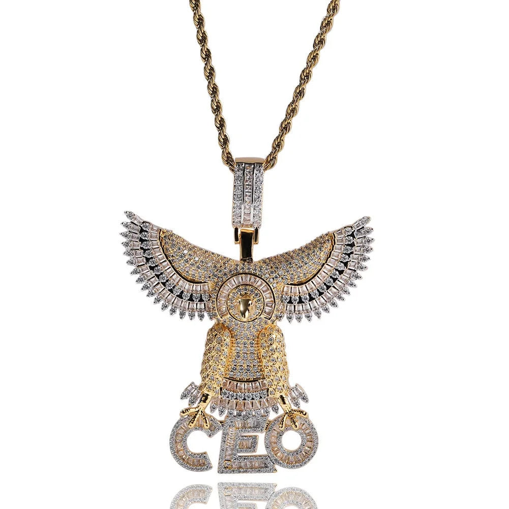 14K Gold Over Finish Simulated Diamond Eagle Charm Pendant Necklace Q49662