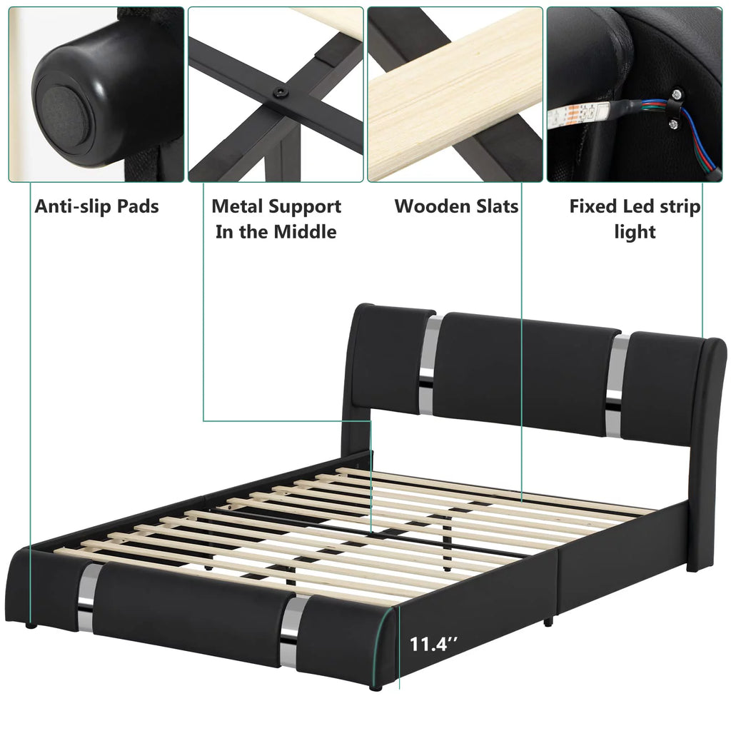 Faux Leather Full Size Platform Bed with LED Light and Adjustable Headboard C2865