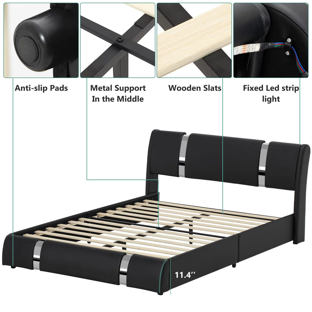Faux Leather Full Size Platform Bed with LED Light and Adjustable Headboard C2865