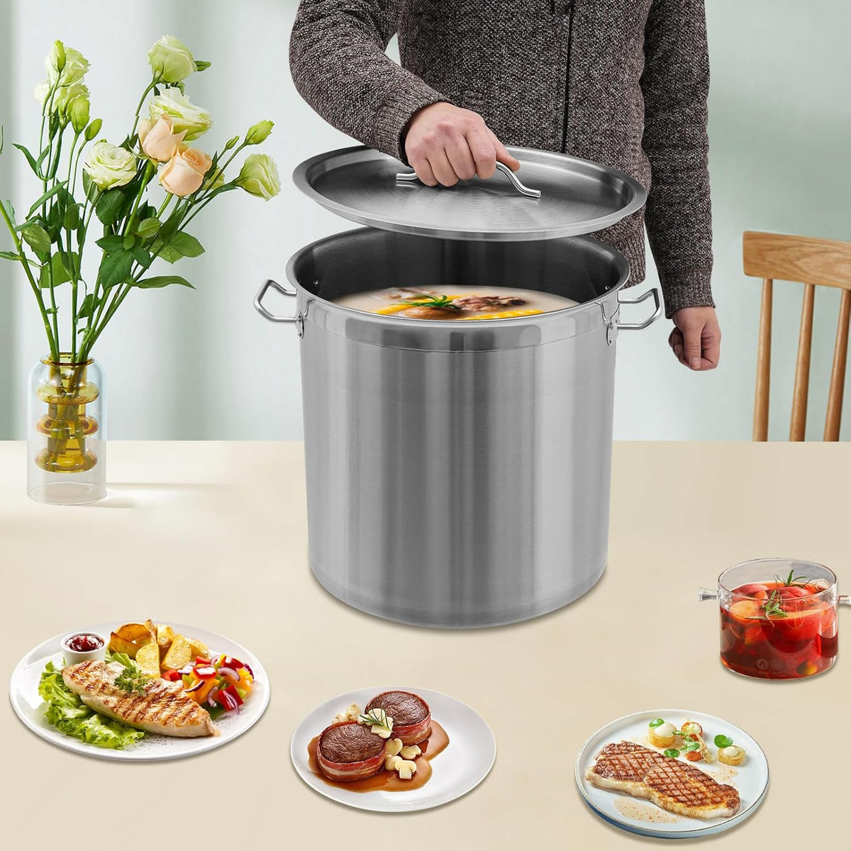 36 QT Stainless Steel Stock Pot with Handle and Strainer F47891