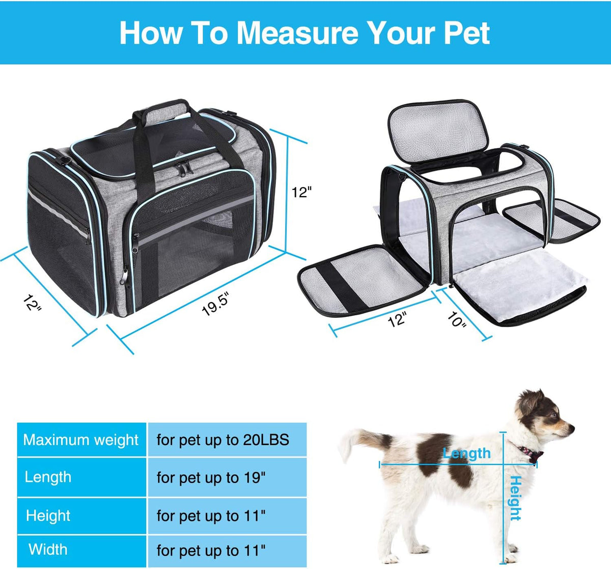 Large Soft-Sided Collapsible Pet Travel Carrier with 5 Doors G657