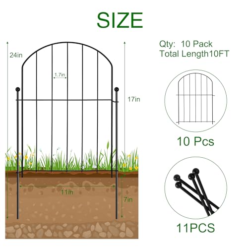 Arched Rustproof Metal Garden Fence Border, 10 Panels, 24 in(H) x 10 ft(L) T4650