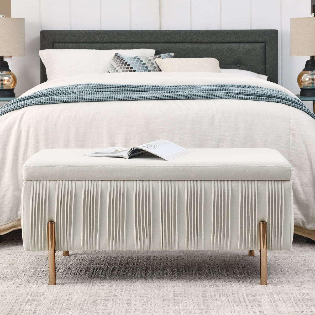 Beige Velvet Storage Bench F733809