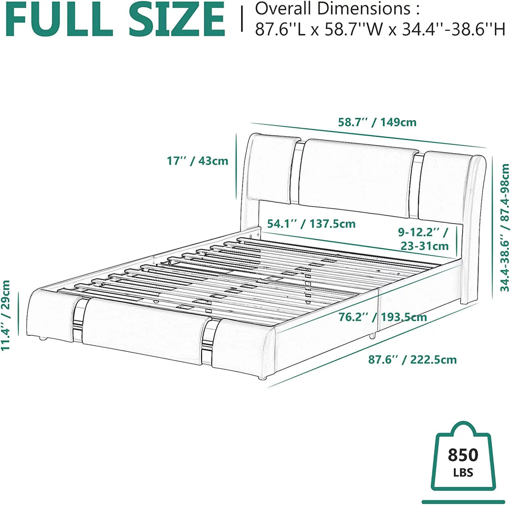 Faux Leather Full Size Platform Bed with LED Light and Adjustable Headboard C2865