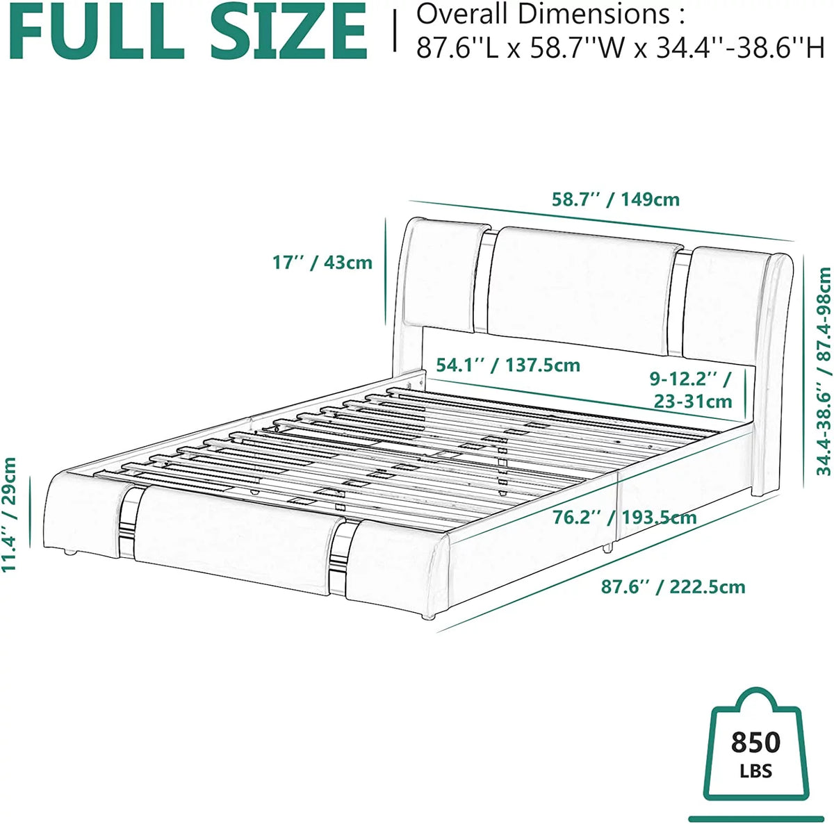 Faux Leather Full Size Platform Bed with LED Light and Adjustable Headboard C2865
