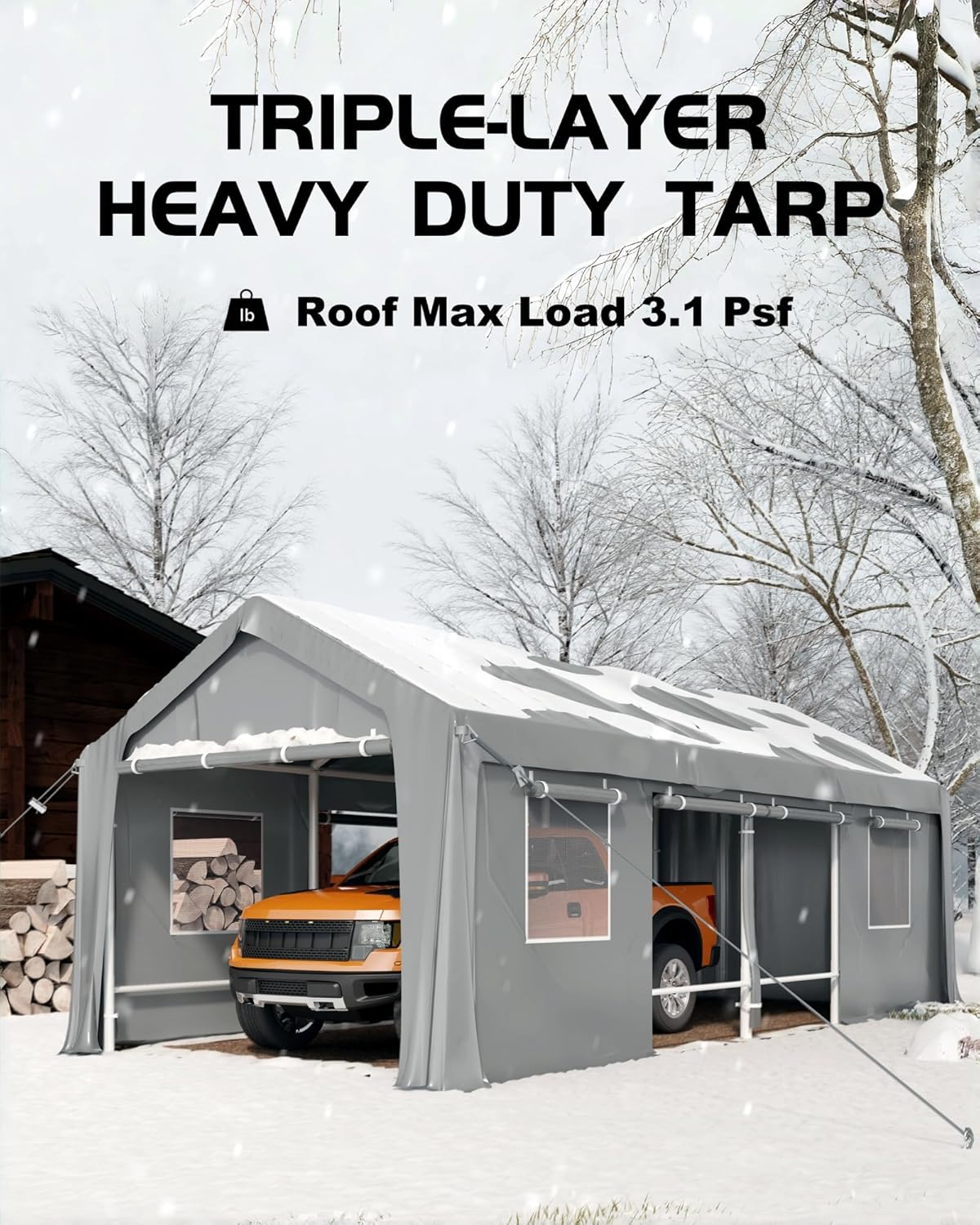 Silver Gray 180 g PE Carport with Front & Rear Doors K7345