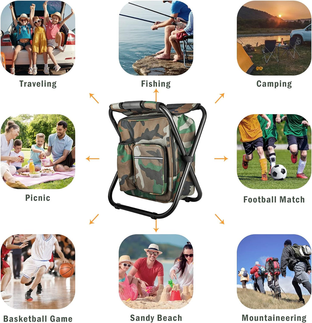 Folding Stool Backpack Insulated Cooler Bag with Front Pocket and Bottle Pocket H105912
