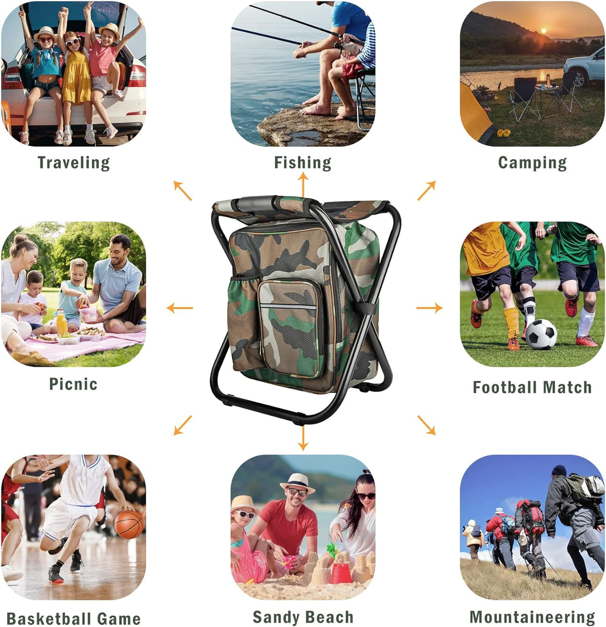 Folding Stool Backpack Insulated Cooler Bag with Front Pocket and Bottle Pocket H105912