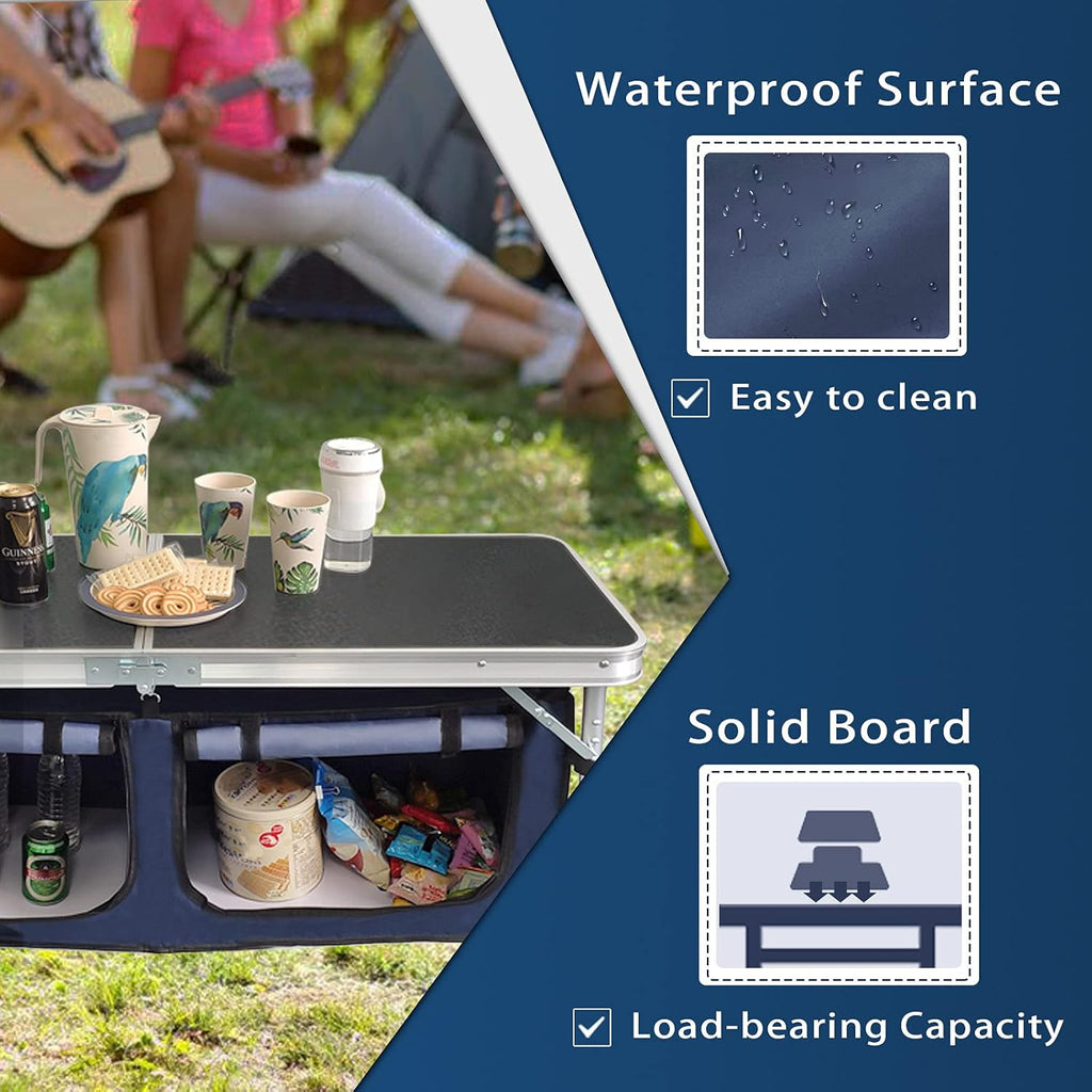 Folding Camp Table with Storage Organizer, Aluminum Adjustable (Black) T6379