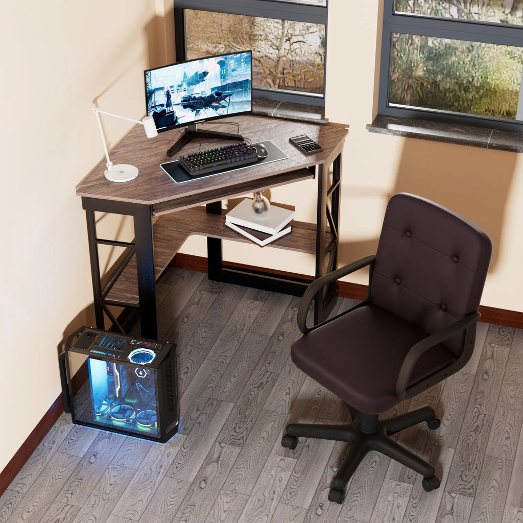 Corner Computer Desk & Chair Set, Adjustable Height Ergonomic Office Chair with Keyboard Tray and Storage Shelf C9057