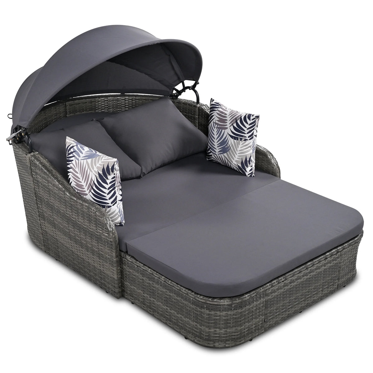 Gray Wicker Daybed with Adjustable Canopy and Cushion S56461