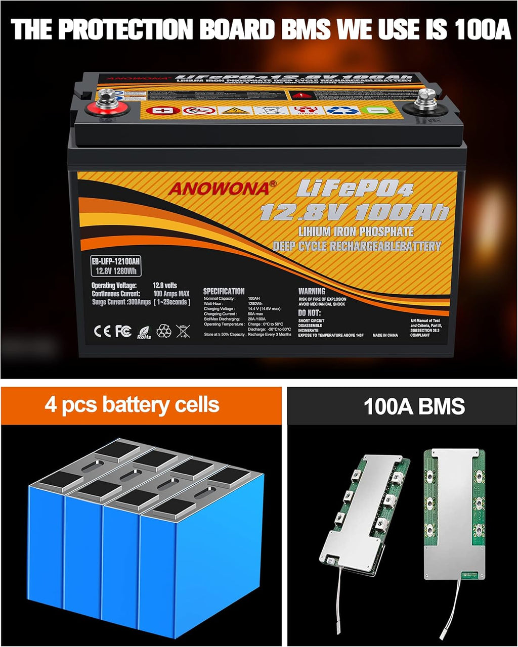 12.8V 200Ah Lithium Iron LiFePO4 Deep Cycle Battery with 200A BMS H871